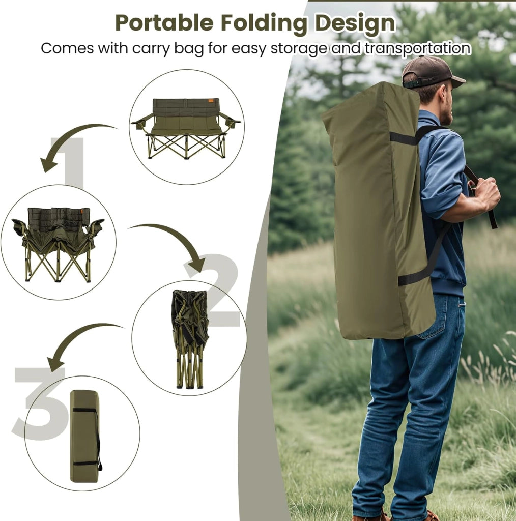 Sedia da Campeggio Pieghevole con Braccioli Regolabili, Sedia da Esterno Portatile con Borsa di Trasporto e Porta Bicchieri, Poltrona per 2/3 Persone, per Pesca, Giardino (Modello II-Verde)