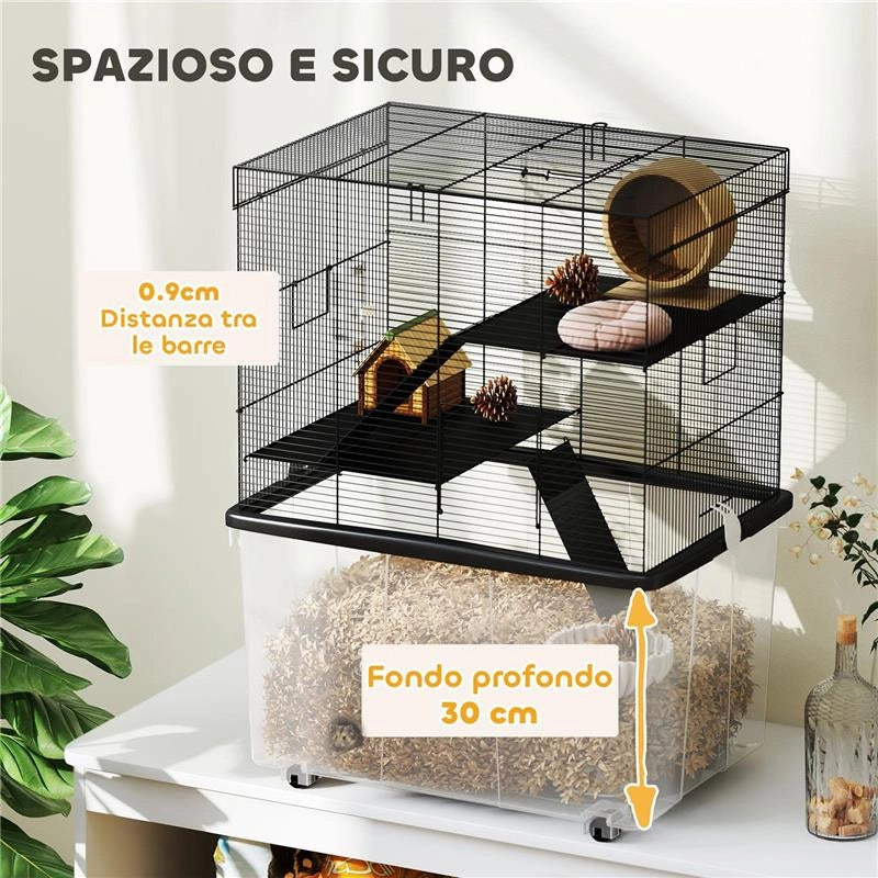 GABBIA PER CRICETI 3 PIANI CON RUOTE 2 PIATTAFORME RAMPE CIOTOLA E BOTTIGLIA 58X43X74 CM NERO