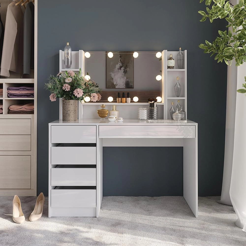 Tavolo da toeletta Sherry, Bianco/bianco lucido, 119.8 cm 5 parti, con illuminazione LED e grande specchio integrato