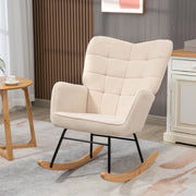Poltrona a dondolo in poliestere con schienale trapuntato, seduta imbottita e base in legno di faggio beige