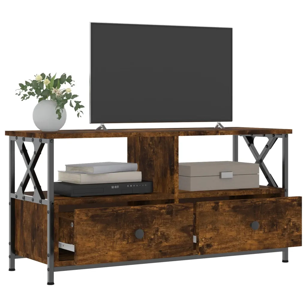 Mobile TV-Credenza per TV Rovere Fumo 90x33x45 cm in Legno Multistrato e Ferro