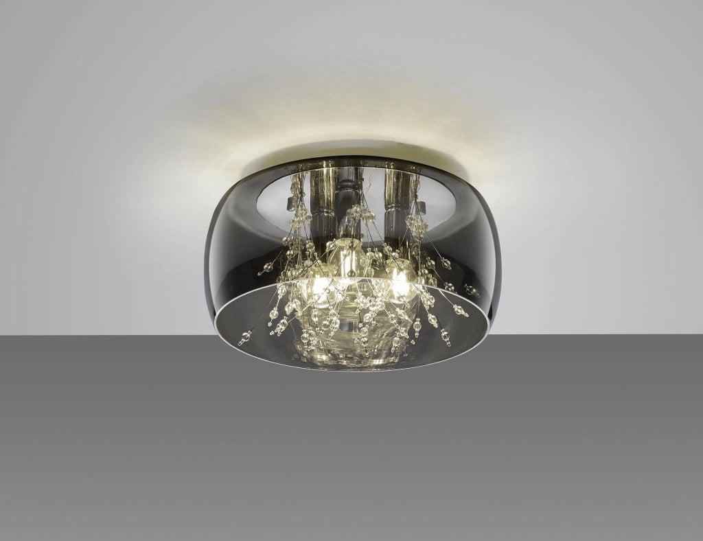 CRYSTEL PLAFONIERA METALLO CROMATO VETRO FUME' CROMATO CON DECORI EFFETTO CRISTALLO D. 34CM 3 LUCI ATTACCO E14