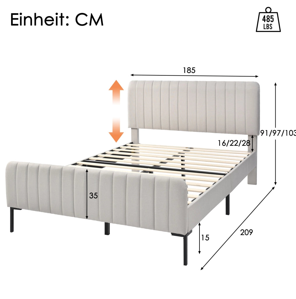 Letto matrimoniale 180x200 cm in lino grigio beige con testiera regolabile e rete a doghe