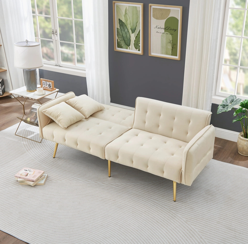 Divano Letto 2 Posti con Schienale Regolabile e Braccioli Multi-posizione; in Velluto Beige; 215 × 81;5 cm