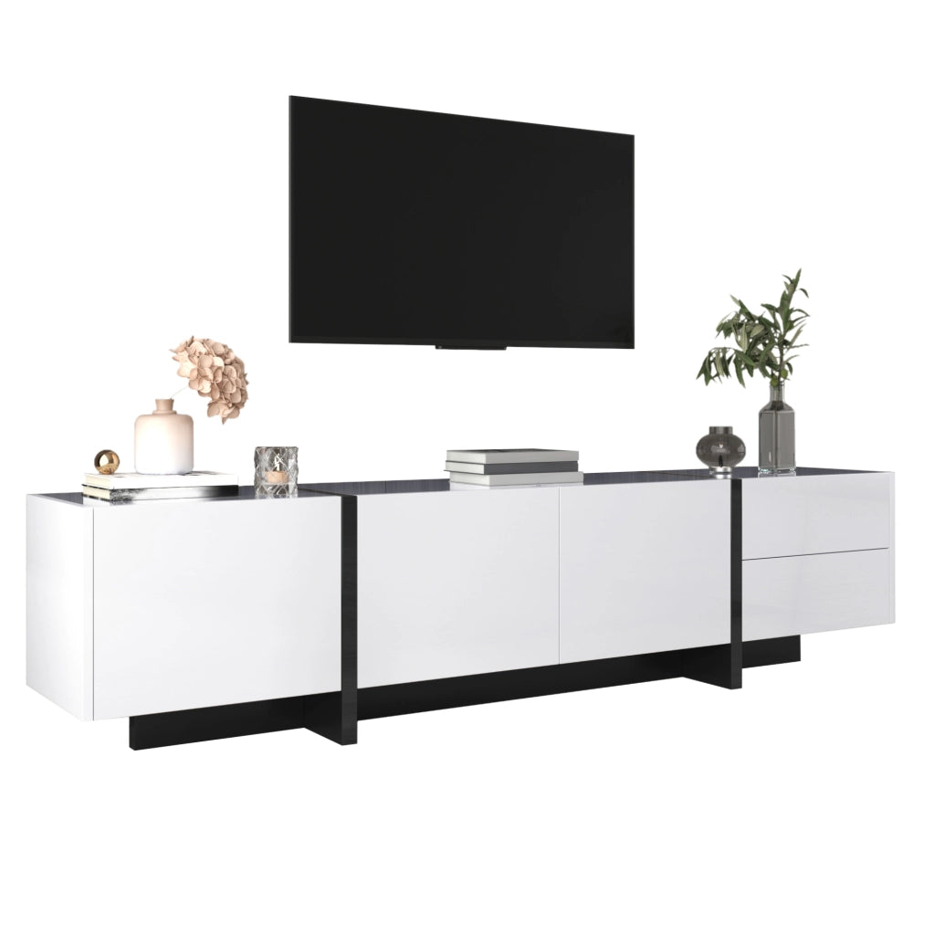 Mobile TV bianco e nero lucido con ante, cassetti e scaffali interni, 190x35x45 cm