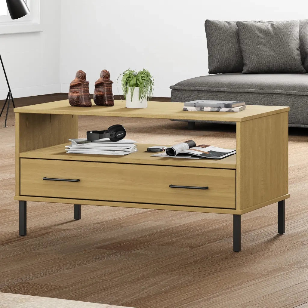 Tavolino-Tavolino da soggiorno-Tavolo Gambe Metallo Marrone 85x50x45 cm Legno Massello OSLO