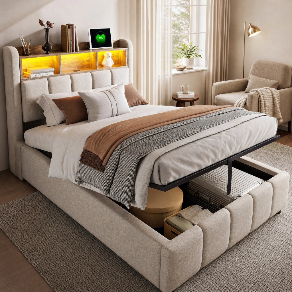 LETTO Imbottito 90x200 cm Beige in tessuto di lino con LED, USB e contenitore
