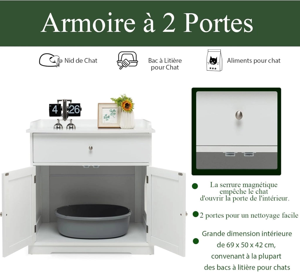 Mobile Lettiera per Gatti con 2 Ante e Cassetto, Armadio per Gatto in Legno con Ingresso Laterale, Grotta Rifugio Multiuso per Soggiorno, Camera da Letto e Ingresso, 76 x 53 x 74 cm (Bianco)