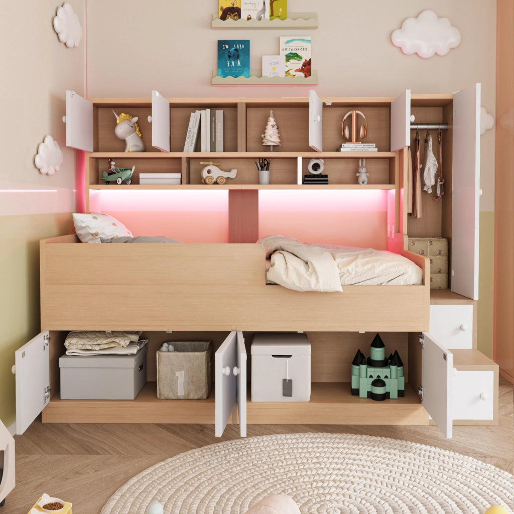 Letto Bambini in Legno con Contenitore, Armadio, LED e Scaletta ¨C MINIMAL ¨C 90x200