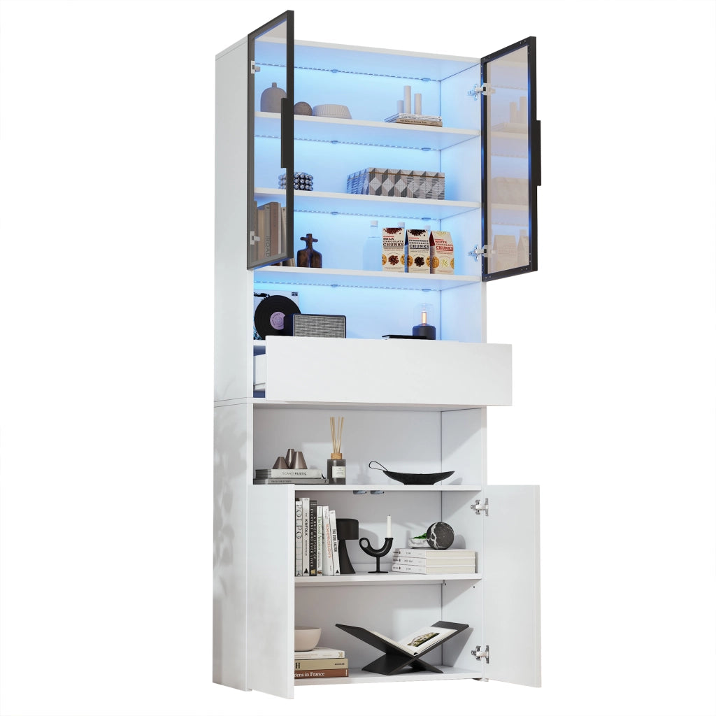 Vetrina con 2 ante in vetro, 1 cassetto, 2 vani aperti e LED, per soggiorno, in truciolare, bianco, 70 × 30 × 200 cm