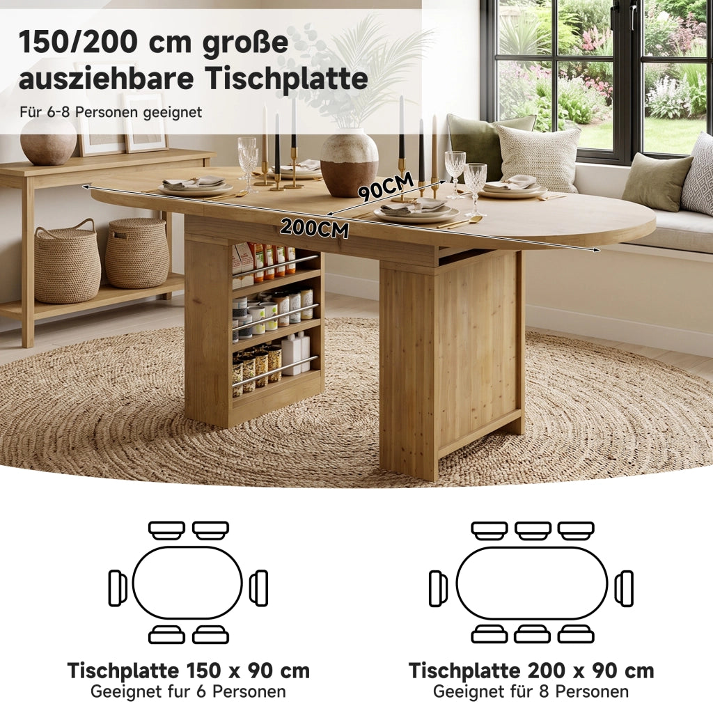 Tavolo allungabile per 6-8 persone con 2 vani aperti e piano spesso, struttura robusta, per sala da pranzo, in MDF, rovere