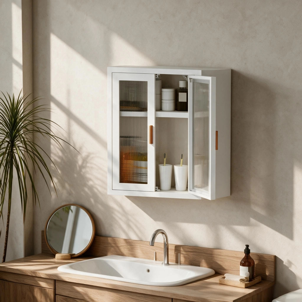Mobiletto da bagno alto a parete con due ante e ripiano interno regolabile in altezza.