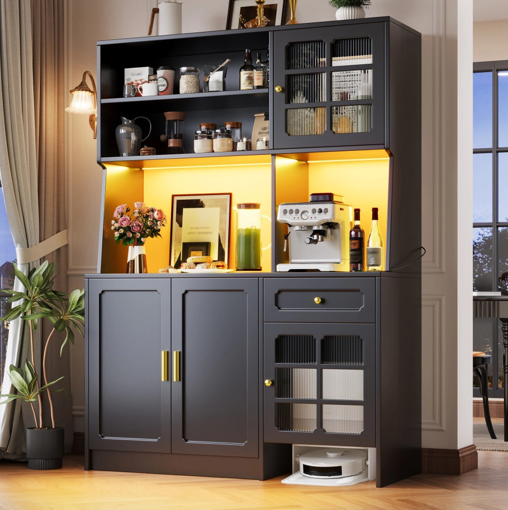 Mobile da cucina alto 130x45x180 cm in MDF nero con contenitore e LED