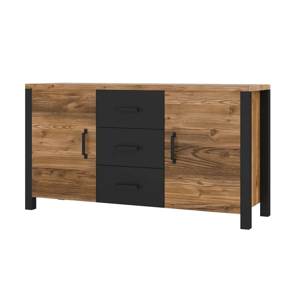 Credenza 150cm collezione DARWIN. Colore abete e nero. 2 porte e 3 cassetti.
