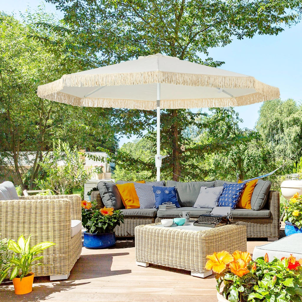 Ombrellone da giardino inclinabile con frange e manovella ¨C zephmum ¨C ? 265x245 cm Bianco