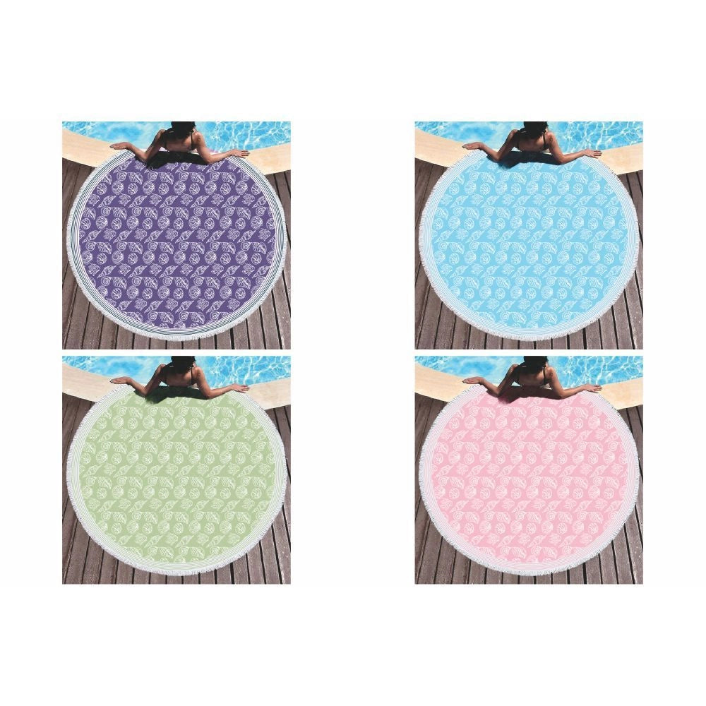 TELO MARE TONDO COTONE 180 CM CON FRANGE CONCHIGLIE COLORI ASSORTITI