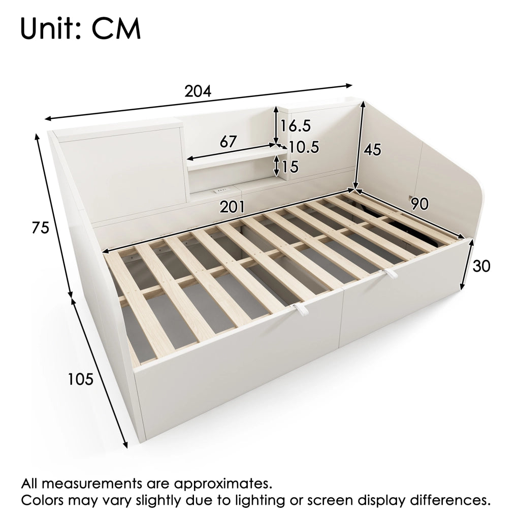 LETTO DA GIORNO 90x200 cm Bianco in Legno con ricarica USB/Type-C