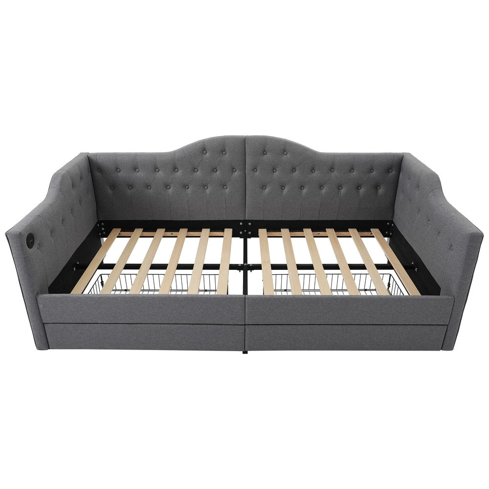 Letto Imbottito Contenitore con USB e Cassetti ¨C MINIMAL ¨C Tessuto Grigio 90x200 senza materasso