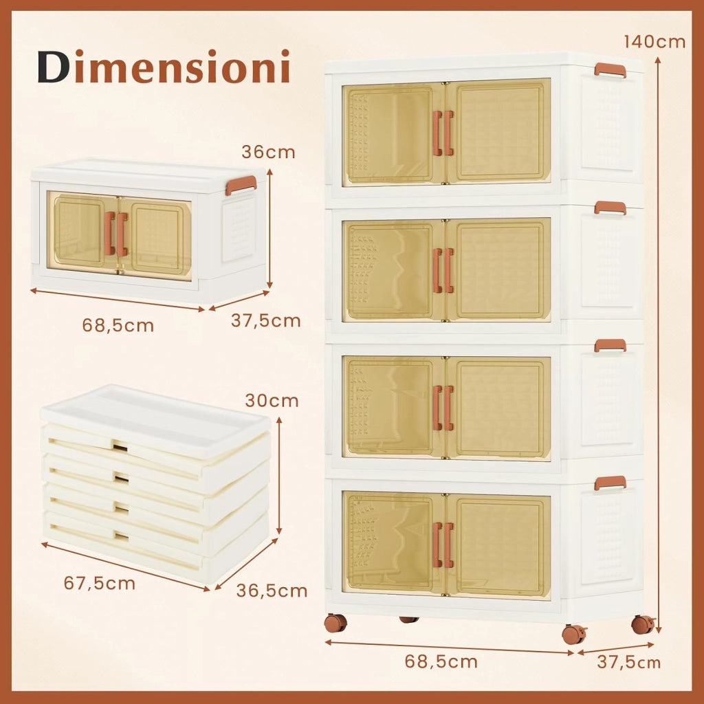 Contenitori Pieghevoli con Coperchio, Set da 4/3 Scatole di Plastica Impilabili con Ruote, per Organizzatore di Armadio con Porte a Apertura Frontale, Multiuso (68,5 x 37,5 x 140 cm)