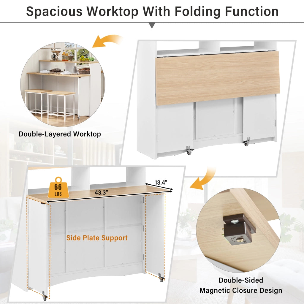 Isola da cucina con piano ribaltabile; ripiani regolabili; vani a giorno e 2 sgabelli; in MDF; 110 x 34-68 x 97;5 cm; bianco