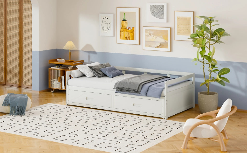 DESMIU Letto estraibile 90 × 200 cm 2 posti con 2 cassetti e rete estraibile, senza materasso, legno, bianco