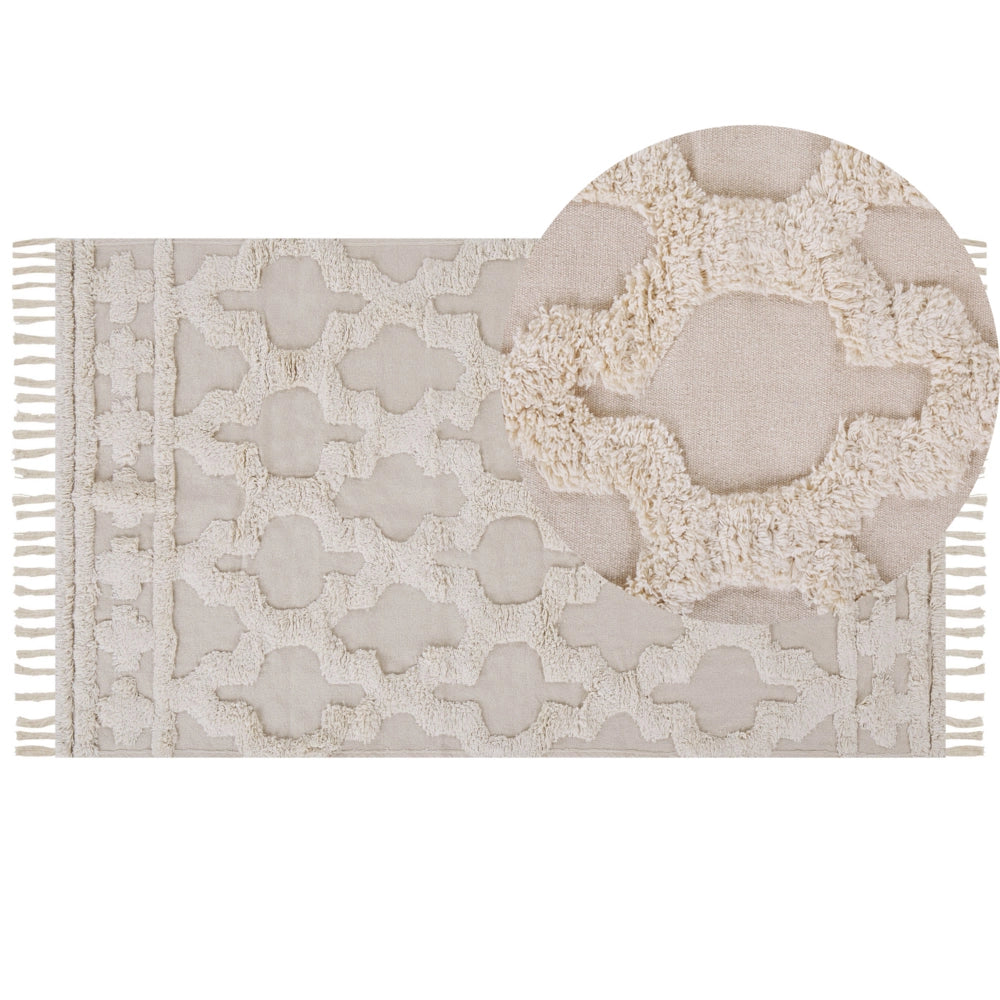 Tappeto in cotone beige 80 x 150 cm trapuntato marocchino motivo quadrifoglio nappe soggiorno camera da letto