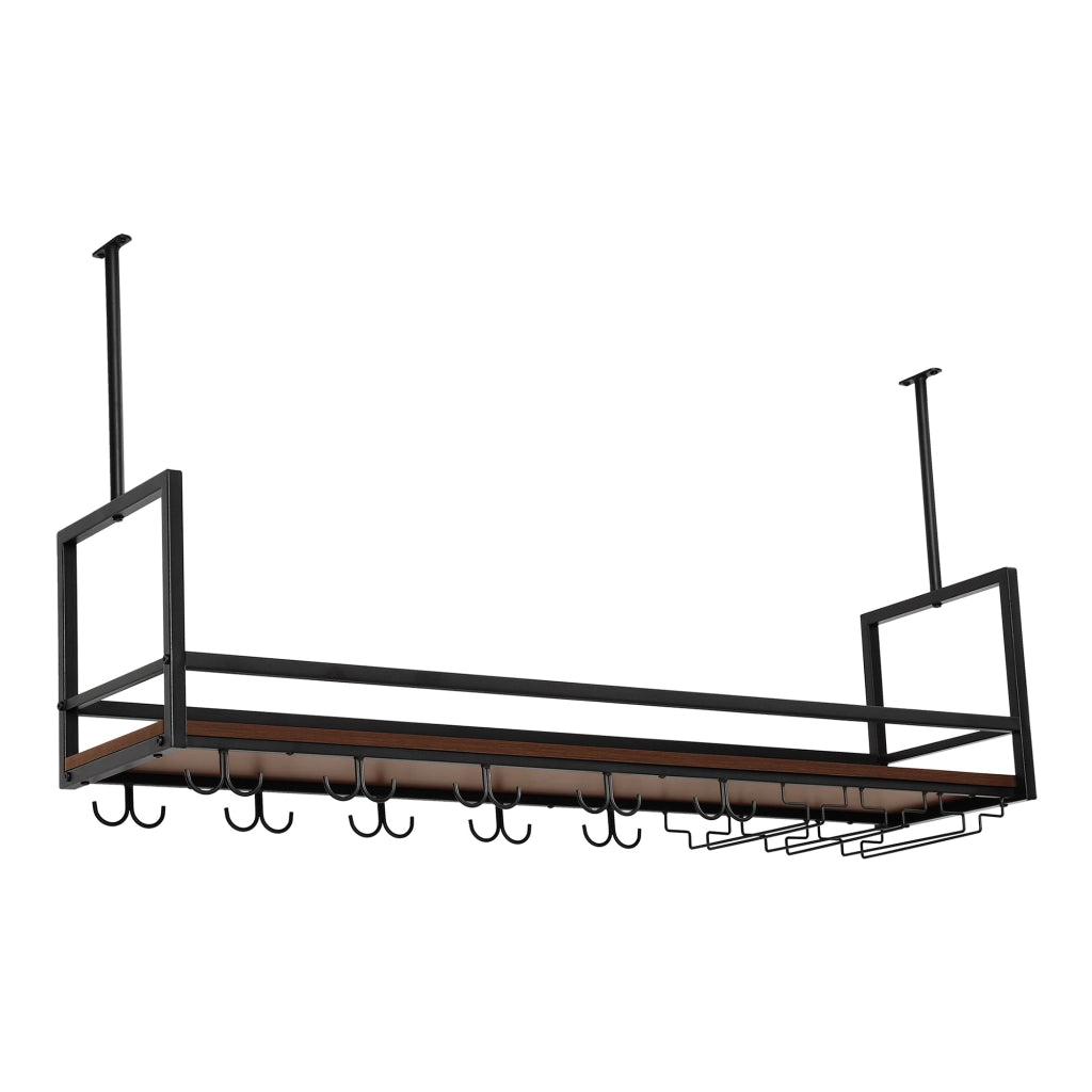 Portabottiglie Sospeso da Soffitto Borejle con Portacalici e Ganci per Tazze 120x30x65 cm Nero / Effetto Noce [en.casa]