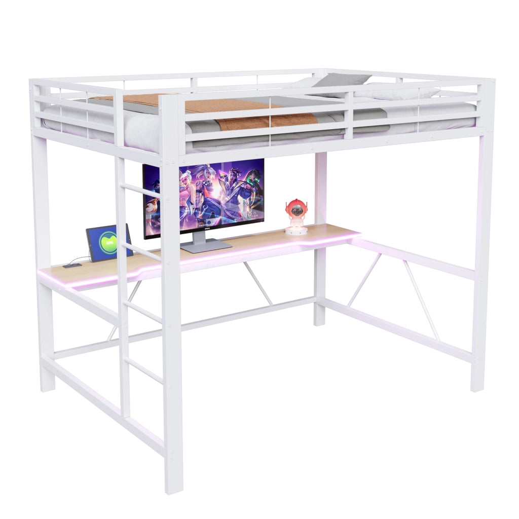 LETTO a soppalco gaming 140x200 cm in metallo e MDF bianco con scrivania e LED