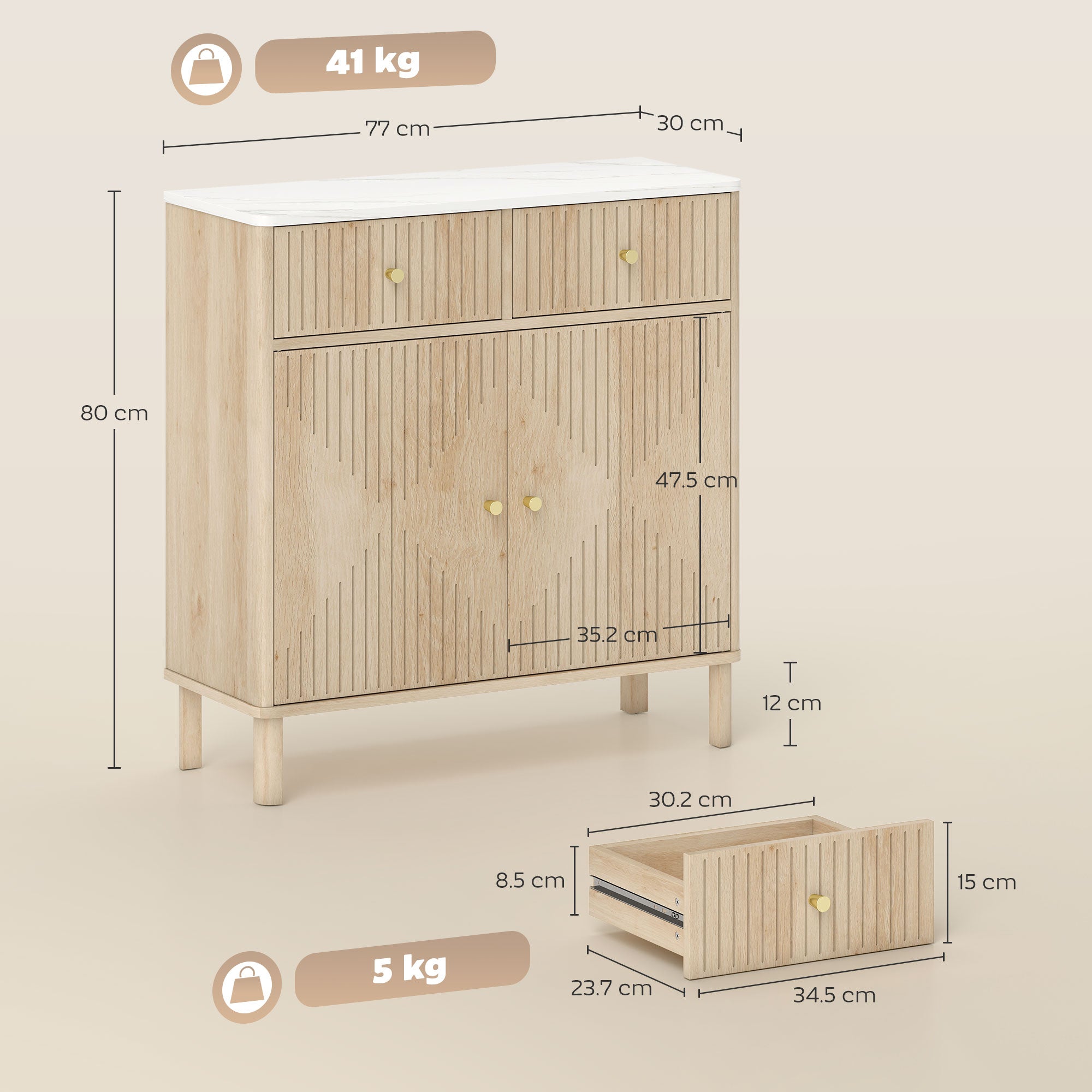 Credenza Buffet 77x30x80 cm con Piano d'Appoggio Effetto Marmo in Legno Rovere