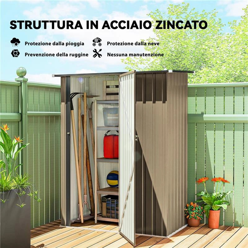 CAPANNO PORTA ATTREZZI IN METALLO CON TETTO INCLINATO E PORTA BLOCCABILE, 142X86X189 CM, MARRONE