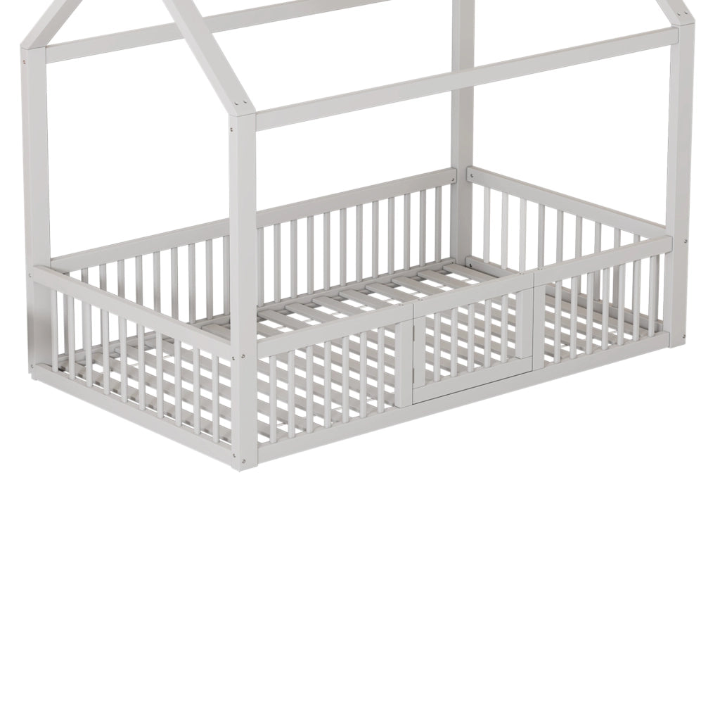 Letto a casetta per bambini 90x200 cm in legno bianco con sponde e porticina