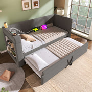 DESMIU Divano letto 90 × 190 cm 2 posti con cassetti, USB e Type-C, portabicchieri, senza materasso, in cotone e lino, grigio