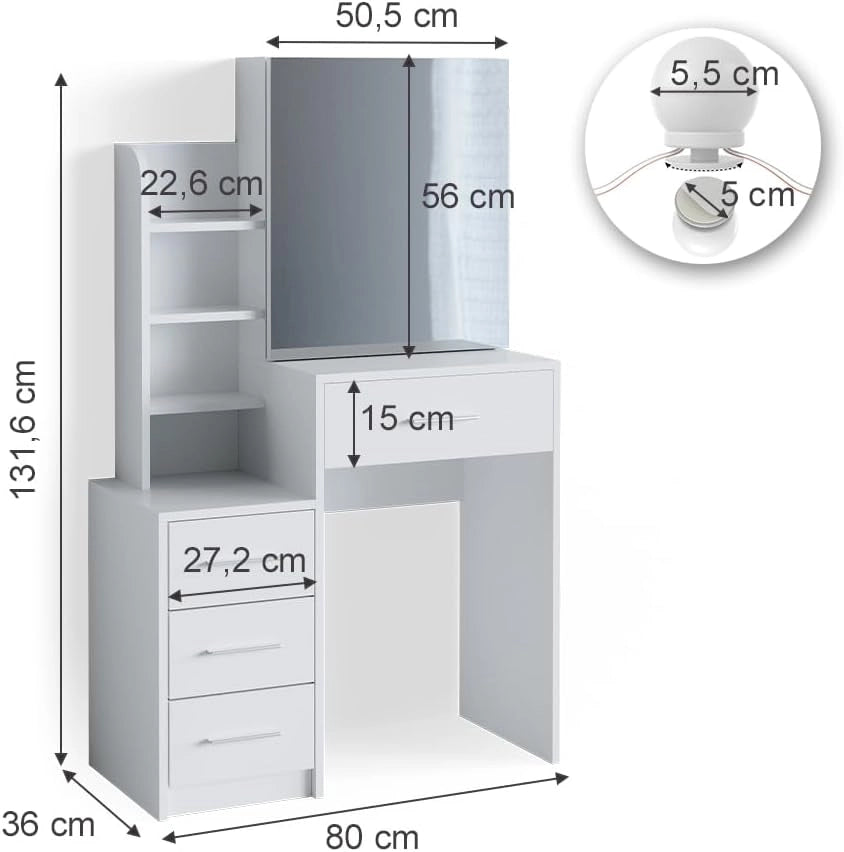 Vicco Tavolo da toeletta Conrada, Bianco, 80 cm con illuminazione a LED, adatto per l'organizzazione di articoli cosmetici e accessori
