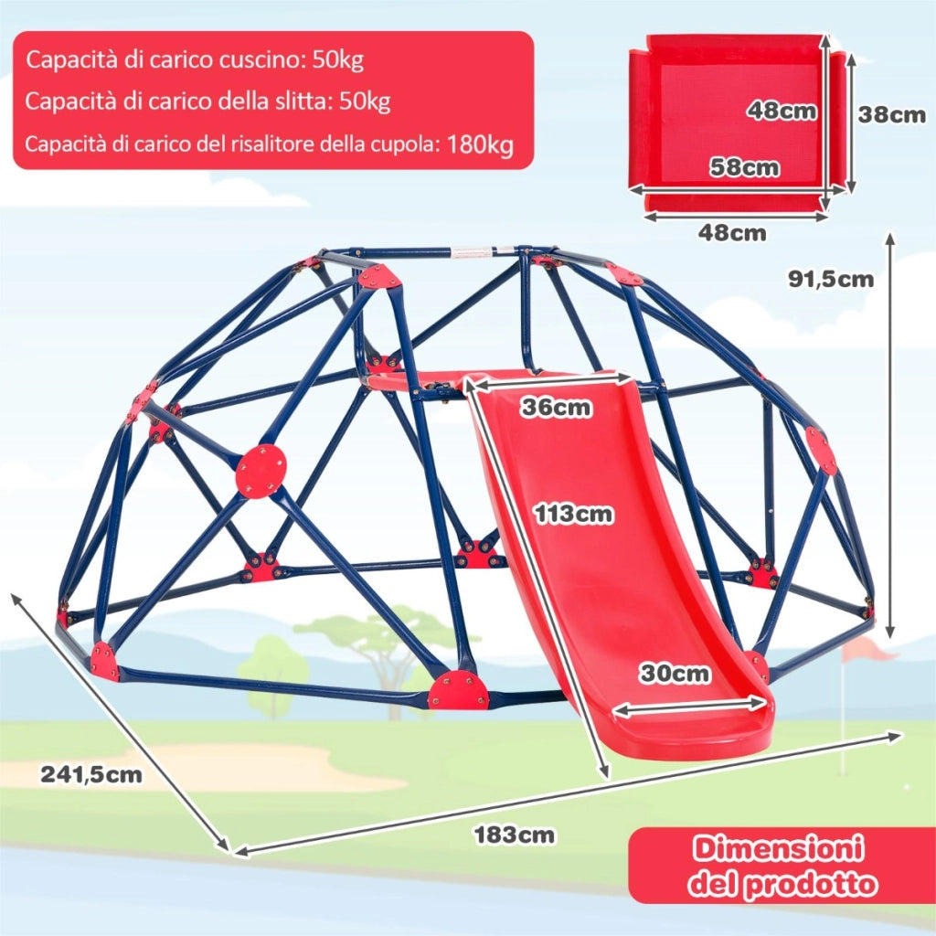 Cupola di arrampicata e set da gioco con scivolo capacit¨¤ di carico di 180KG, Parco giochi per bambini Rosso-Arrampicate e scivoli