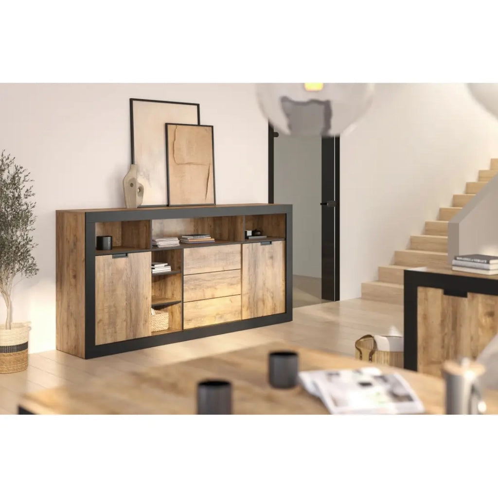 Buffet alto XL MEUNIER – 2 porte scorrevoli, 3 cassetti & 6 nicchie – Rovere Samdal & nero opaco