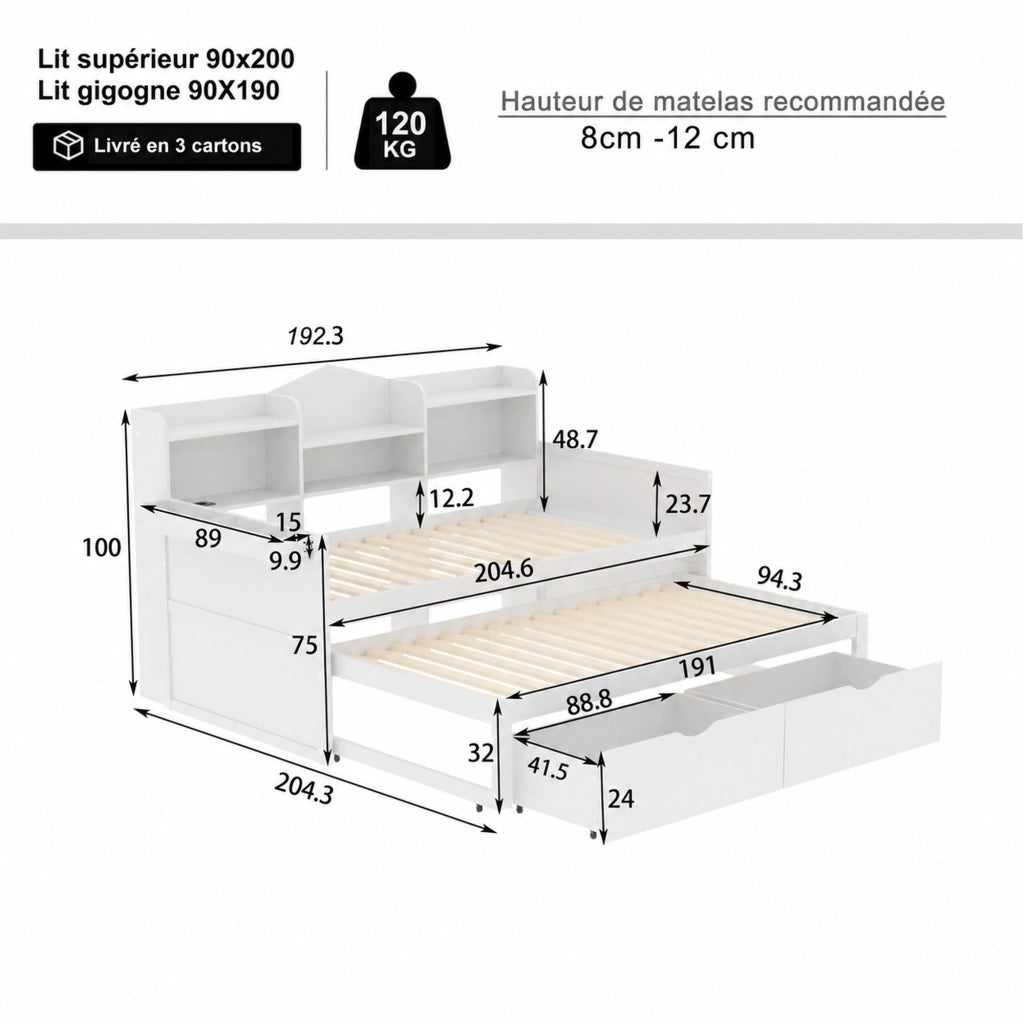 DESMIU Divano letto 90 × 200 cm 1 posto con cassetti, vano, cestino e presa USB, senza materasso, legno, bianco