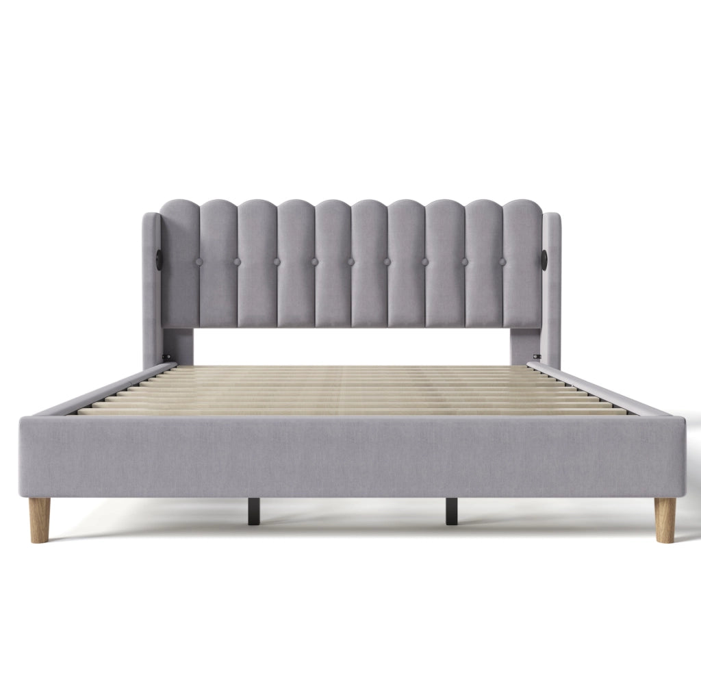 Letto matrimoniale 180x200 cm con USB e USB C; lino grigio