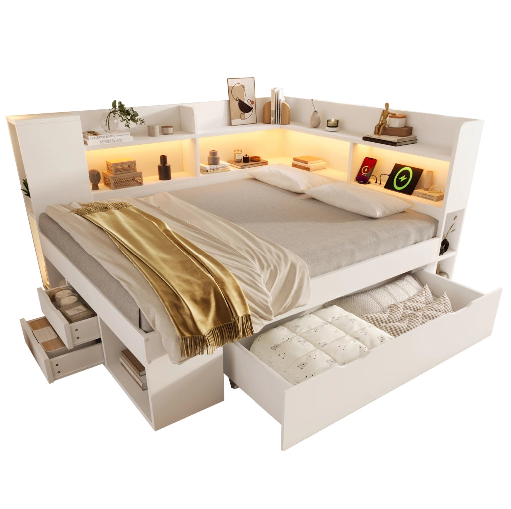 Letto funzionale bianco 140x200 cm con LED, USB, vani contenitore e cassetti