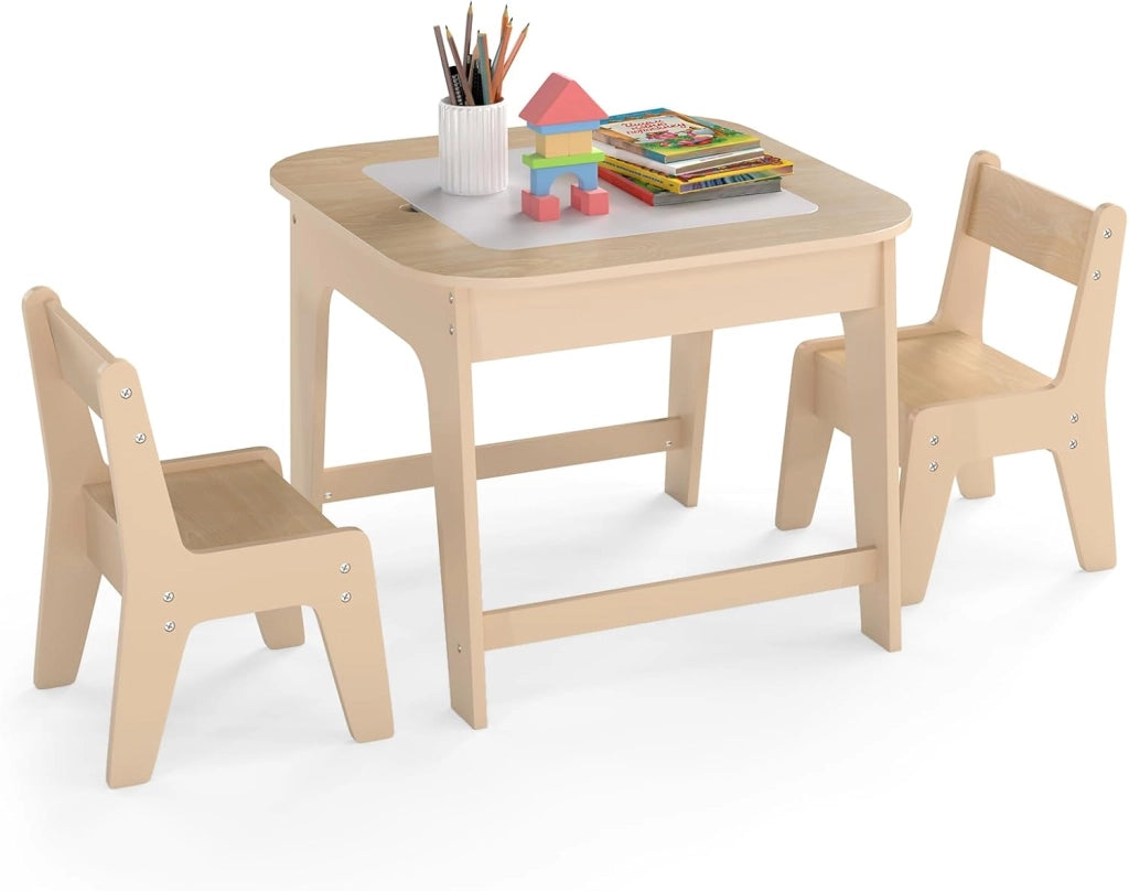 Set Tavolo e 2 Sedie per Bambini, con Lavagna Reversibile, Tavolo Multiattività con Vano Portaoggetti Nascosto e Sedie, per Bambini da 3-6 Anni, per Cameretta e Soggiorno (Giallo)
