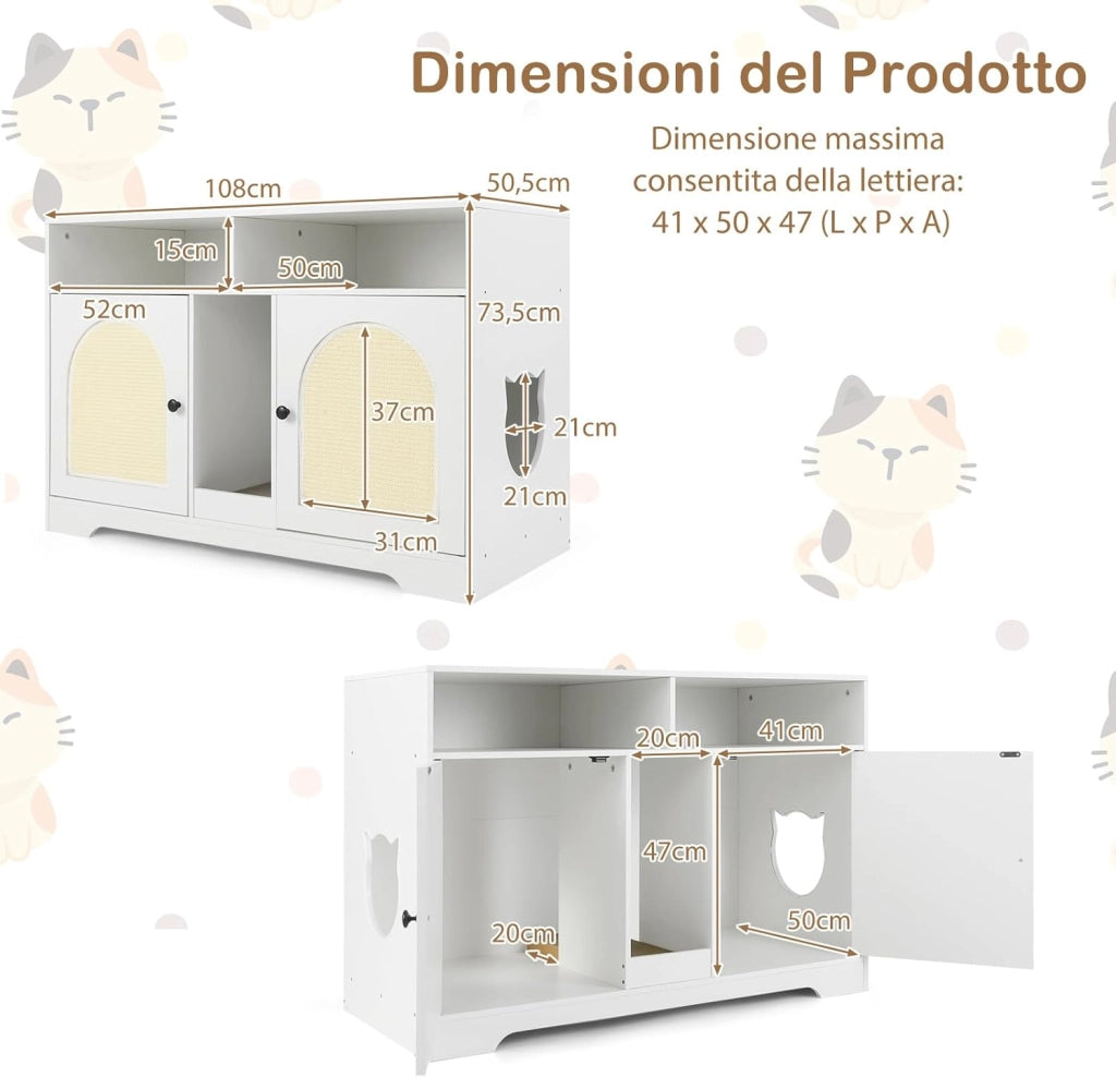 Mobile per Lettiera per Gatti, Cassetta per Gattini con Ripostiglio, Doppie Stanze, Tavola da Graffiare e 2 Tappetini in Sisal, Cuccia per Gatti da Interno, 76 x 53 x 74 cm