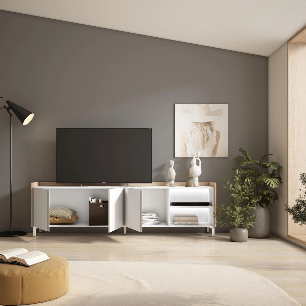 Mobile TV Soggiorno, 207x61x35 cm, Per TV fino a 80", Design industriale, LED, Bianco e Rovere soft