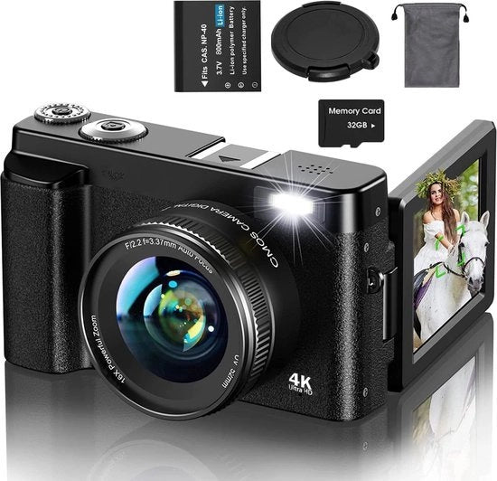 Camera 4K Digitale - Vlog - Schermo Rotativo 180 Gradi - 16x Zoom Digitale - Opzione 32GB - Zwart