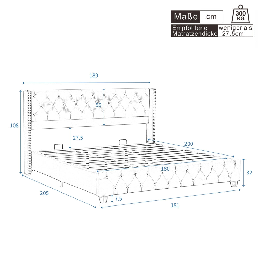 Letto matrimoniale imbottito 180x200 cm in velluto beige chiaro con testiera capitonné