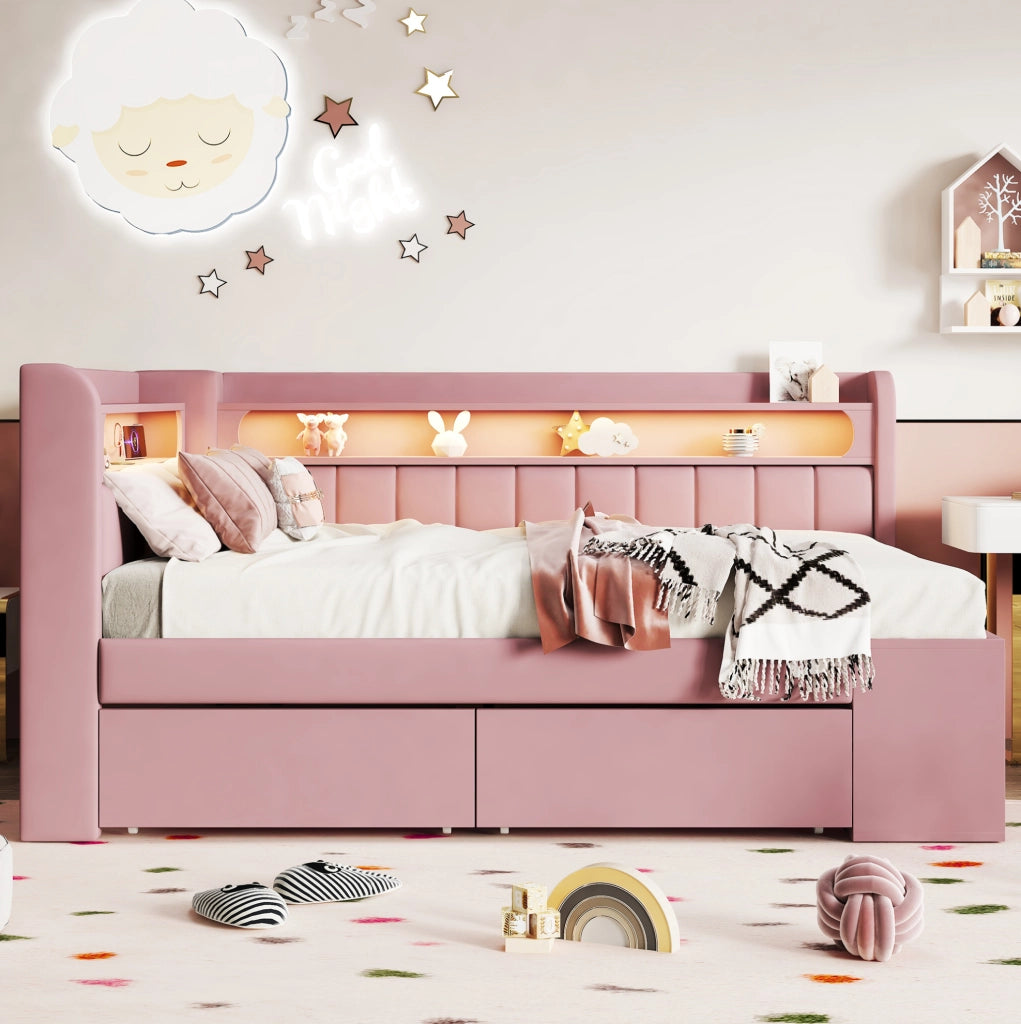 Divano Letto Imbottito 90x200 cm con Porta USB, Striscia LED, Scarpiera e 2 Cassetti, Rosa