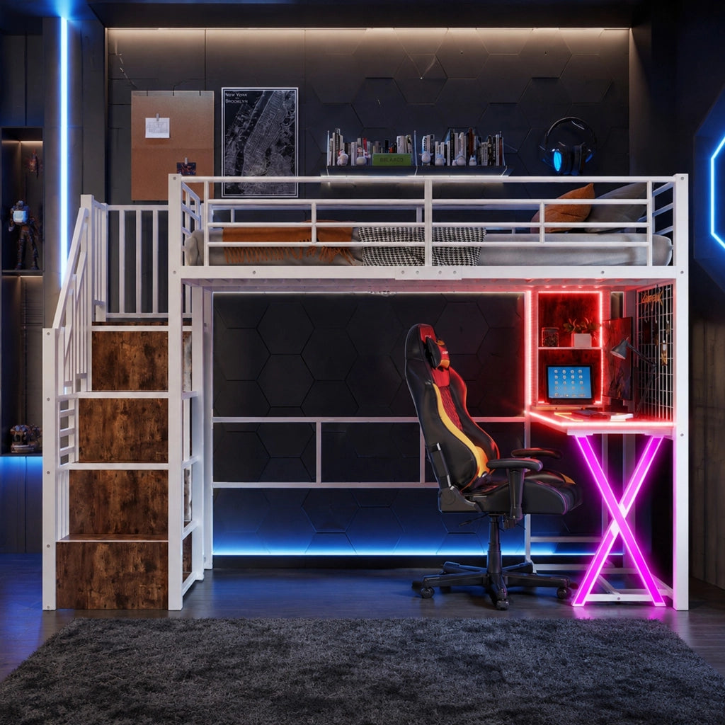 Letto a soppalco 90x200 cm in metallo e MDF con scrivania, guardaroba, scala contenitore e luci LED