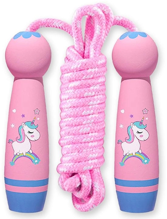 Touw per Bambini - Estensione 2,6 m - Manubrio in Legno Antiscivolo - Corda in Cotone - Disegno Unicornio - Comodo e Sicuro - Salti con la Corda
