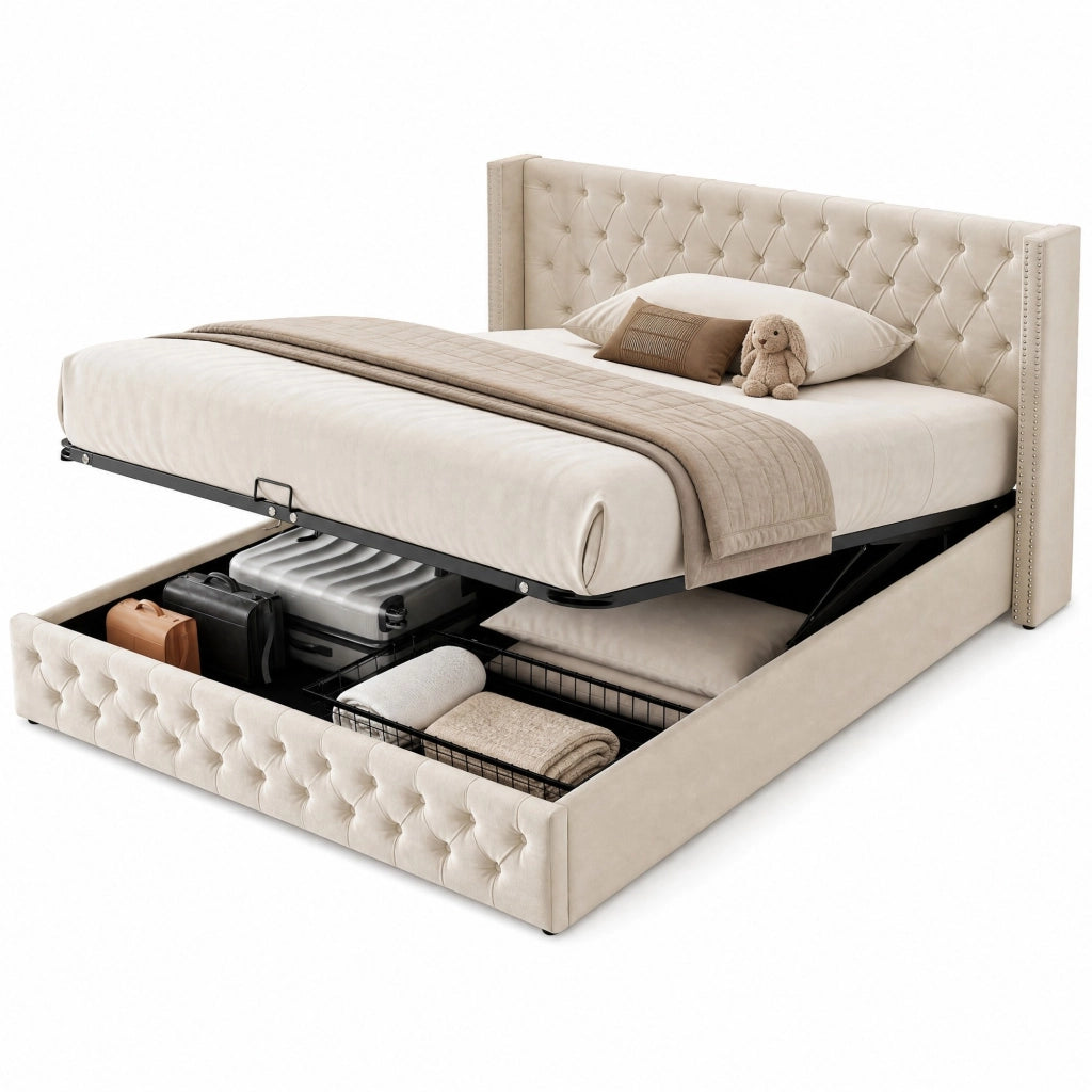 Letto matrimoniale 140x190 cm con contenitore e sollevamento idraulico in velluto beige