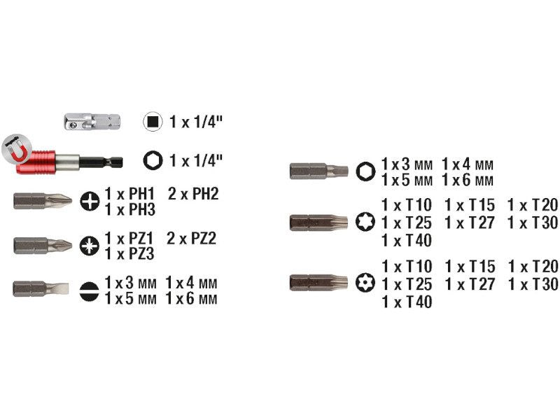 Scatola punte KWB 32 pezzi acciaio cromo vanadio con bit e porta bit magnetico
