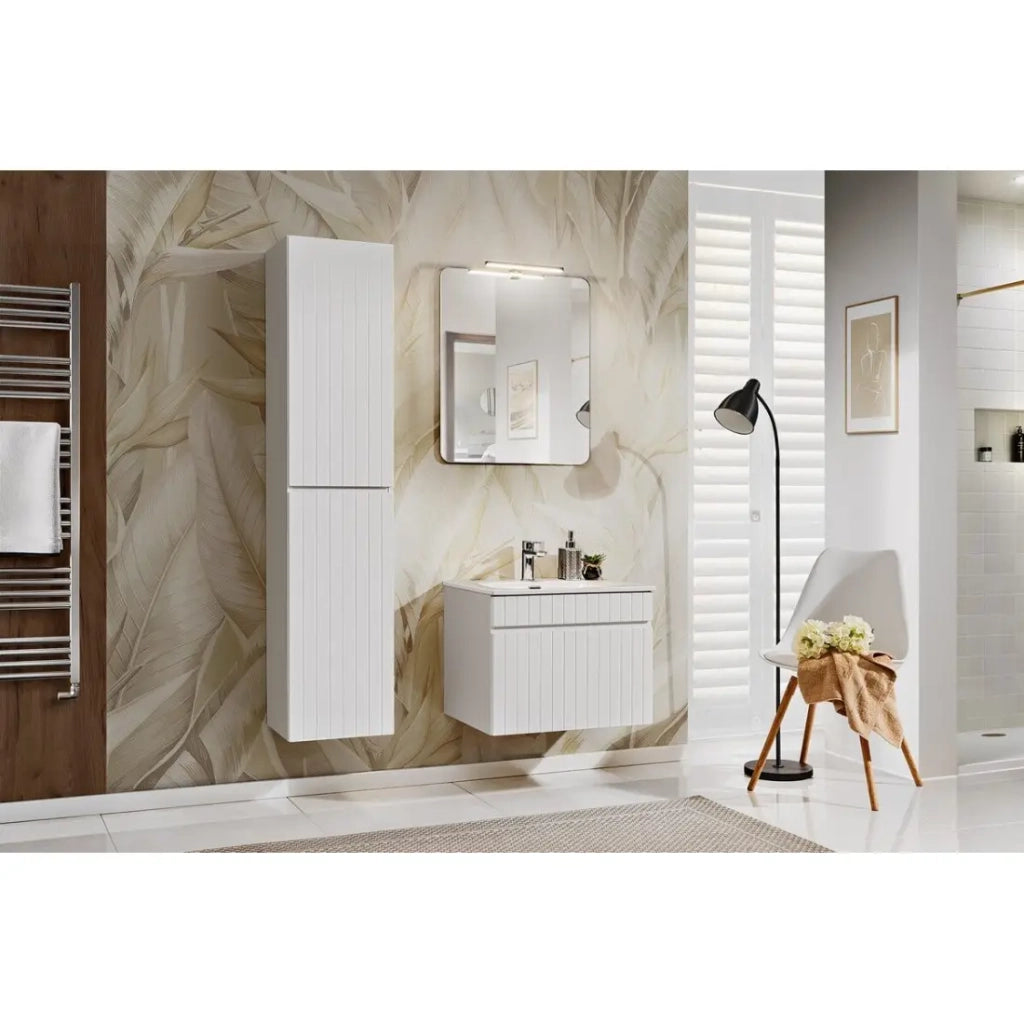 Set ICON bianco: mobiletto sotto lavabo 60cm + lavabo da incasso bianco + specchio + lampada LED + colonna