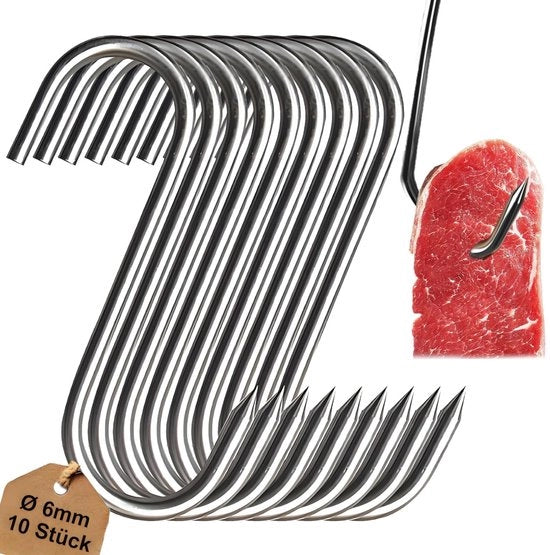 Set di Spiedini per Carne da 10 pezzi - Acciaio Inossidabile - Spiedini a S - Attrezzatura da Macellaio Professionale - Sostenibile fino a 50 kg - Ideale per la Ristorazione - Spiedini per la Griglia